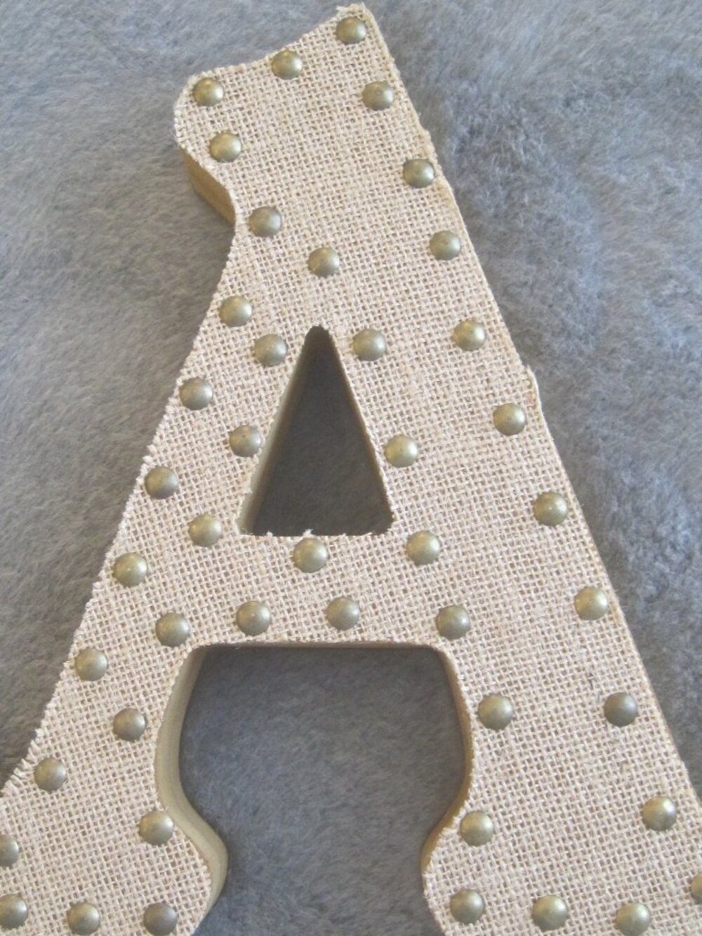 HOBBY LOBBY WOOD AND BURLAP LETTER "A" WITH BRASS STUD DETAIL